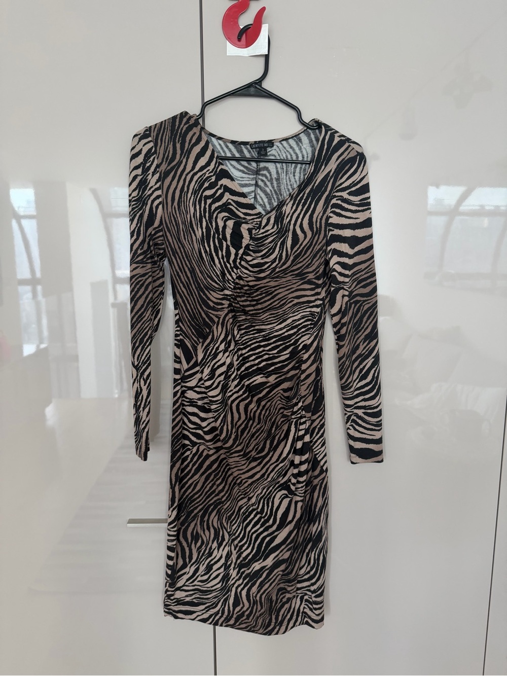 Lafayette 148 New York Long-Sleeve Zebra Print Wrap Dress in Black and Tan